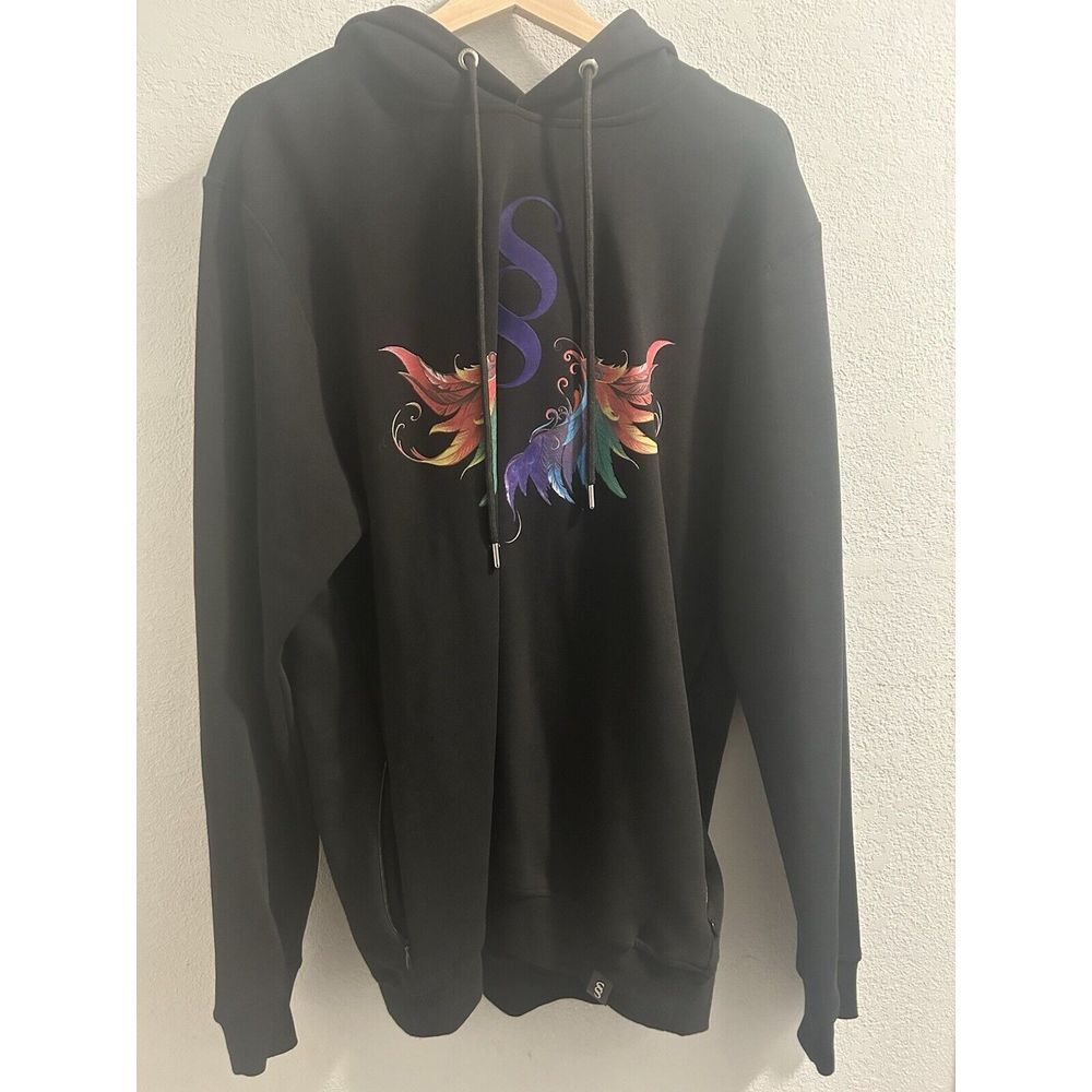 Savar Mens Wings Graphic Pull Over Hoodie Black Multi Color XL